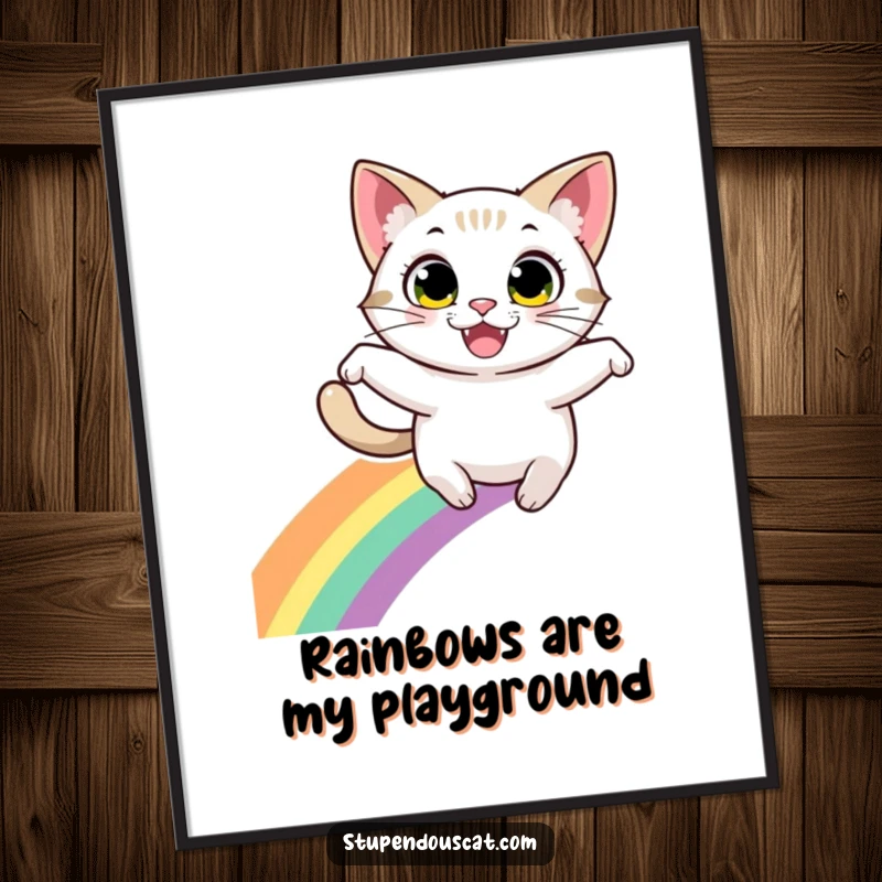 Funny digital art print: An energetic cat with a wide grin leaps over a vibrant rainbow, capturing a moment of pure bliss.