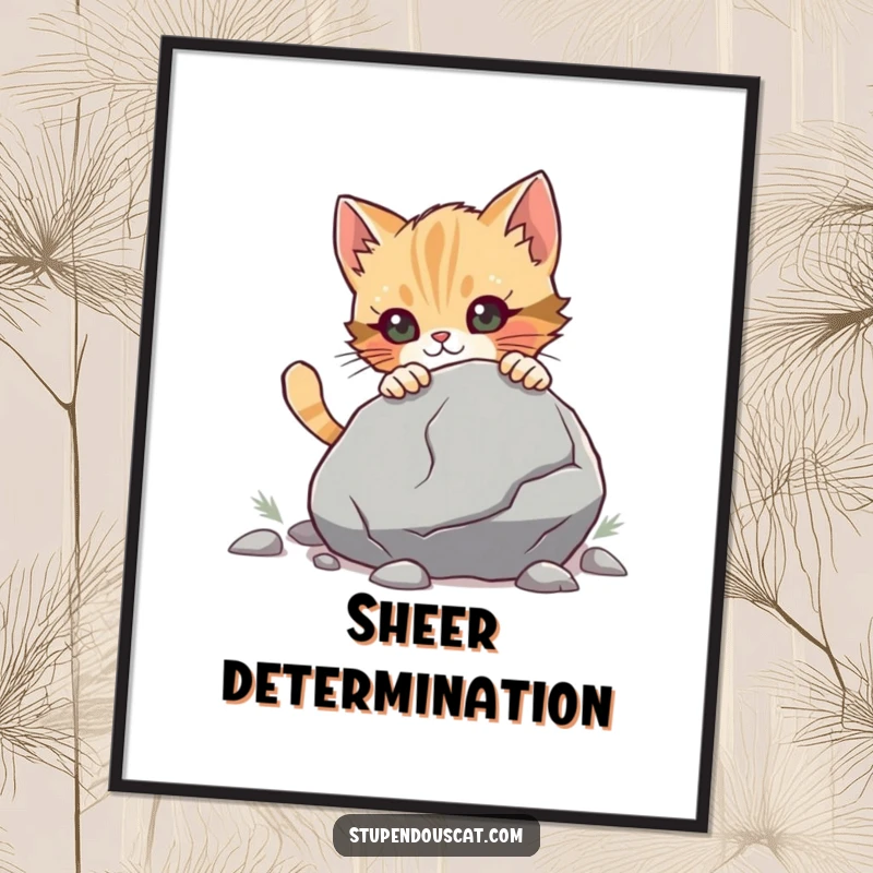 Funny Digital Art Print of a determined cat cub pushing a large boulder, offering instant, humorous wall decor filled with motivational strength.