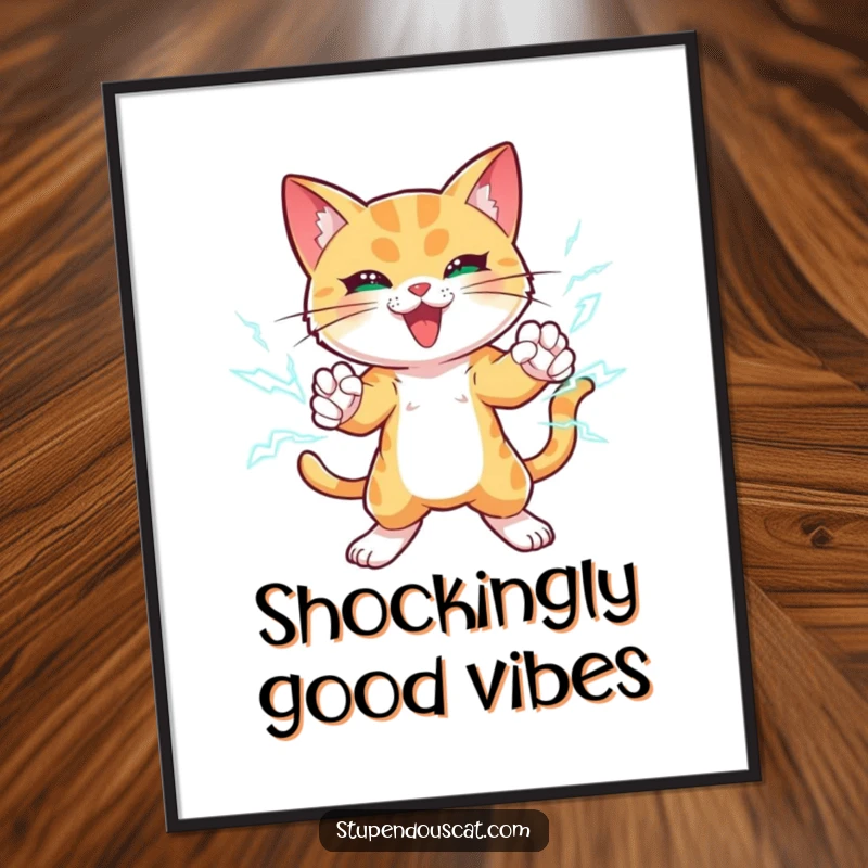 Funny digital art print of a powerful cat summoning lightning bolts around its paws, striking a dynamic and awe-inspiring pose.