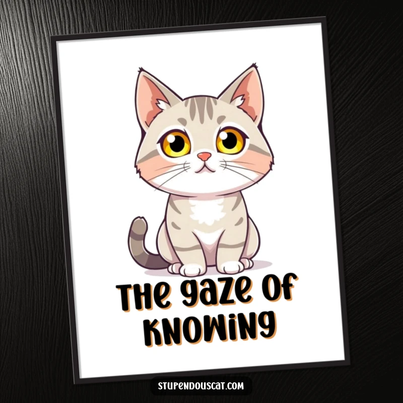 Funny digital art print of a cat with glowing eyes confidently surveying its surroundings, symbolizing mystery and humor, a downloadable gift.