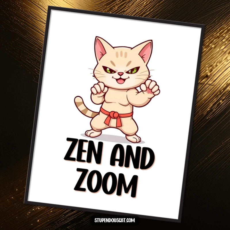 Funny martial arts cat digital art print with a smirk, dynamic pose, ideal for framing.
