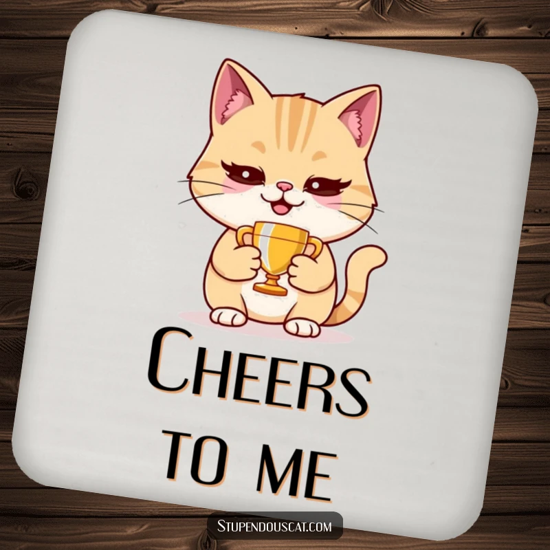 Funny cat drink coasters showing a smug cat holding a tiny trophy, adding victorious charm.
