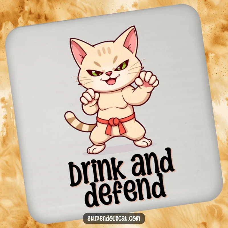 Funny martial arts cat drink coasters with a smirk, in a dynamic pose, adding power.