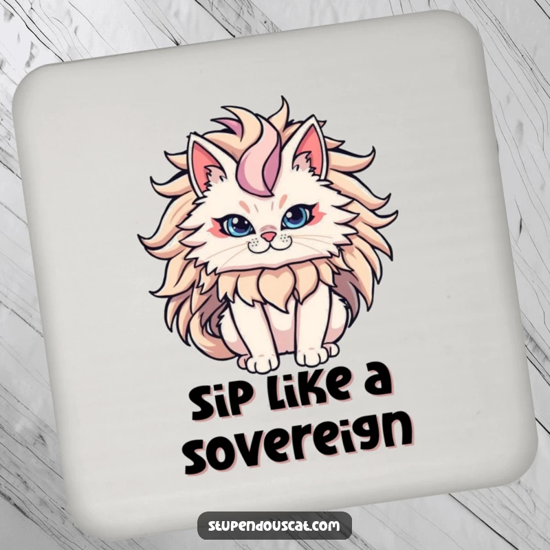Funny Cat Coaster depicting a powerful cat with an epic flowing mane, adding majestic protection to surfaces.