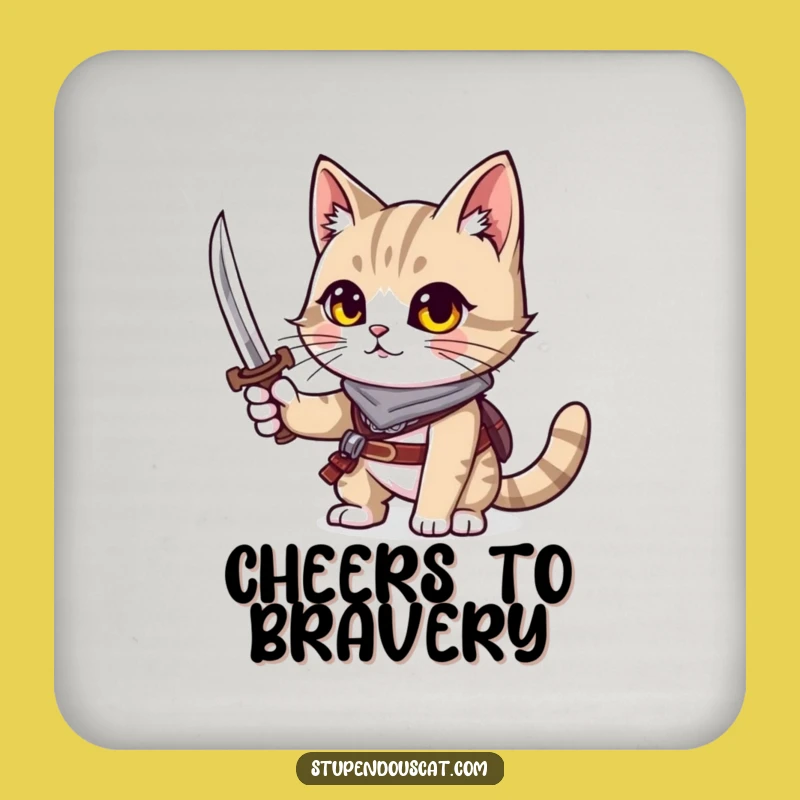 Funny Adventurous Cat Coaster Set - Protect with Tiny Sword Flair Gift