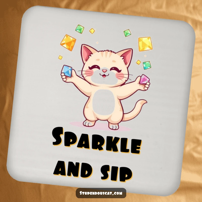 Funny cat juggling gems coaster, a skilled cat balancing shimmering jewels, adding sparkle and humor while protecting surfaces from drinks.