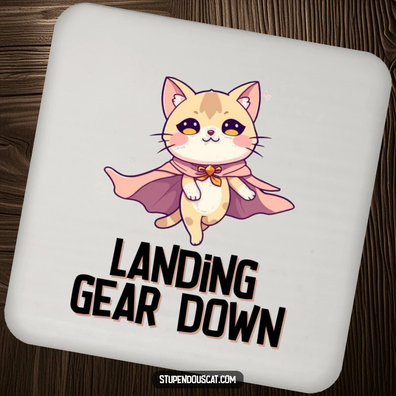 Funny drink coaster featuring a majestic cat hero with a flowing cape, soaring through the air. Protects surfaces with style.