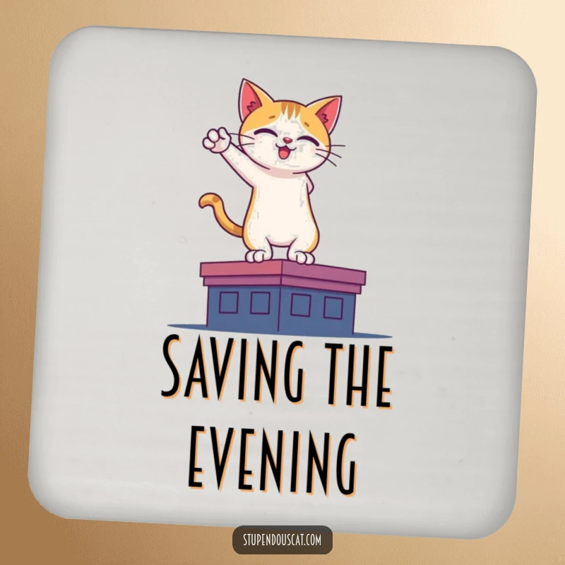 Funny drink coaster with a heroic cat silhouette on a rooftop, protecting surfaces with a brave and humorous design.