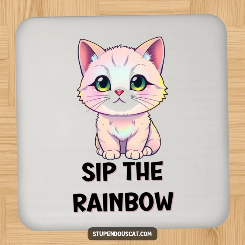 Funny iridescent cat coaster, depicting a cat whose fur shimmers with a rainbow of colors, adding humor and beauty while protecting surfaces.