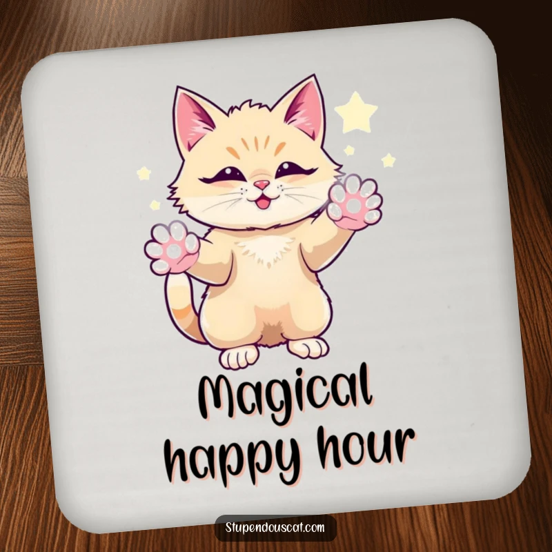 Funny drink coaster featuring a magical cat conjuring sparkling energy from its paws, looking awe-inspiring.