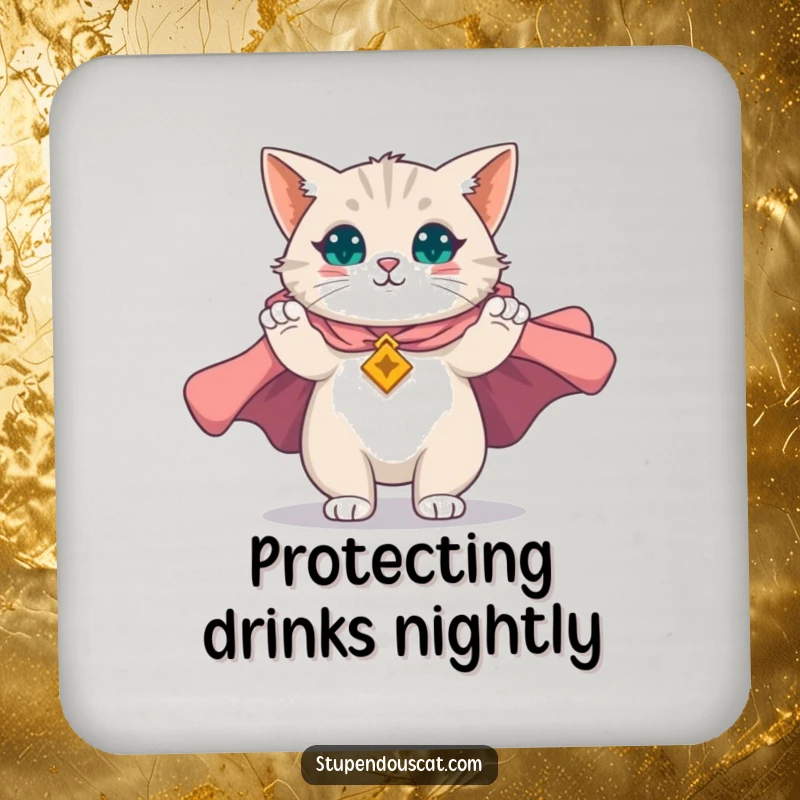 Funny drink coaster featuring a magnificent cat unfurling a majestic cape, protecting surfaces with heroic and humorous flair, a delightful gift.
