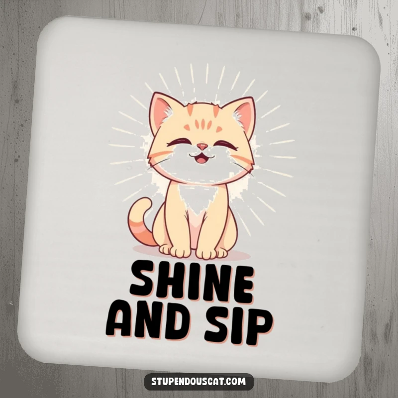 Funny Coaster showing a powerful cat cub emitting a radiant aura, protecting surfaces with adorable, humorous majesty.