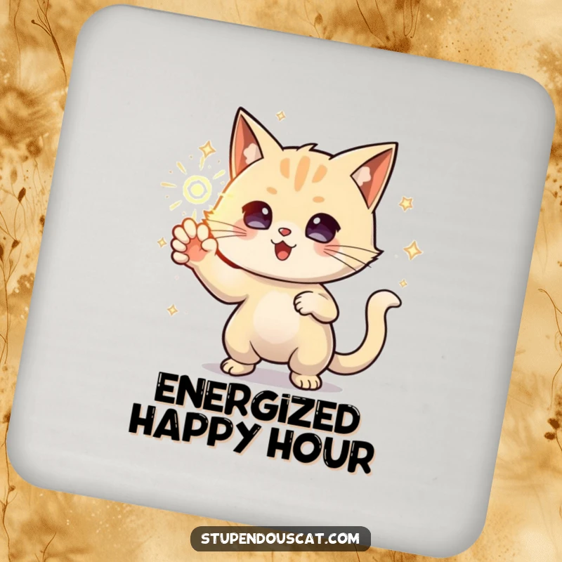 Funny Drink Coaster featuring a powerful cat conjuring a sparkling orb of energy, offering protection with a magical touch.