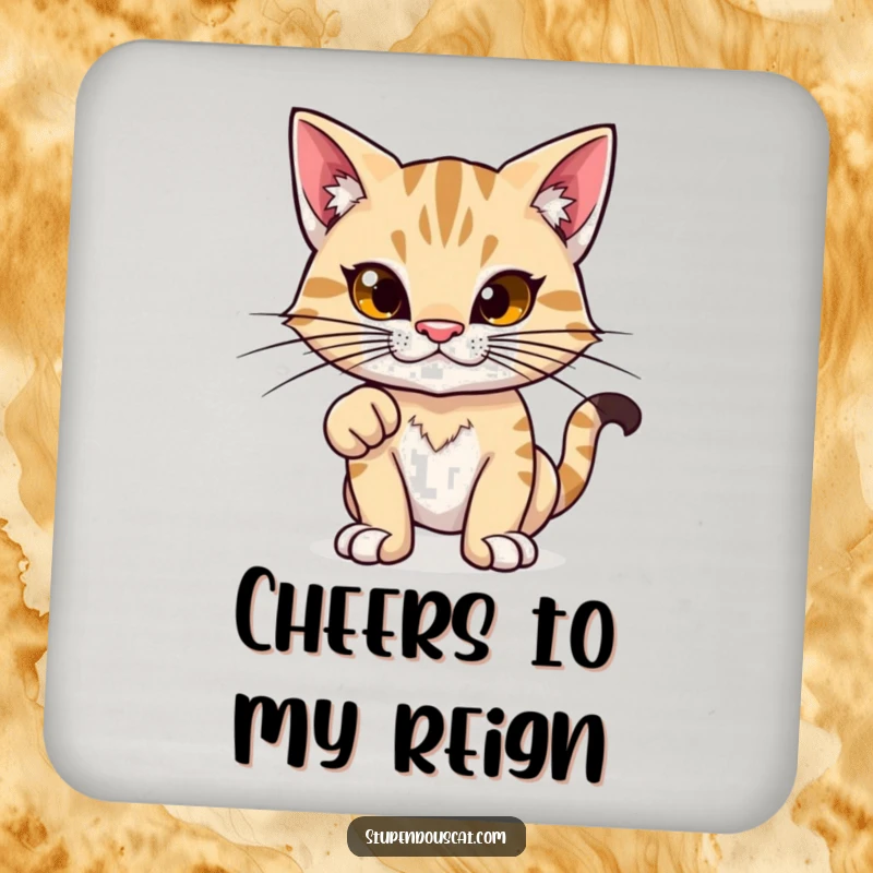 Funny coaster: A proud feline with exaggerated whiskers strikes a power stance, stylishly protecting your surfaces.