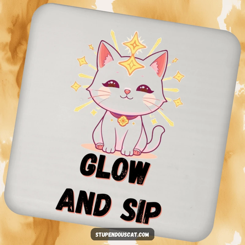 Funny Drink Coaster featuring a radiant cat adorned with glowing celestial symbols, offering protection with a magical, luminous touch.
