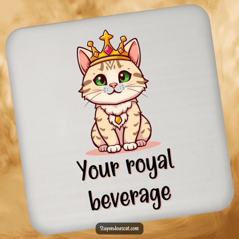 Funny drink coaster featuring a regal cat adorned with a golden crown, confidently surveying its domain.