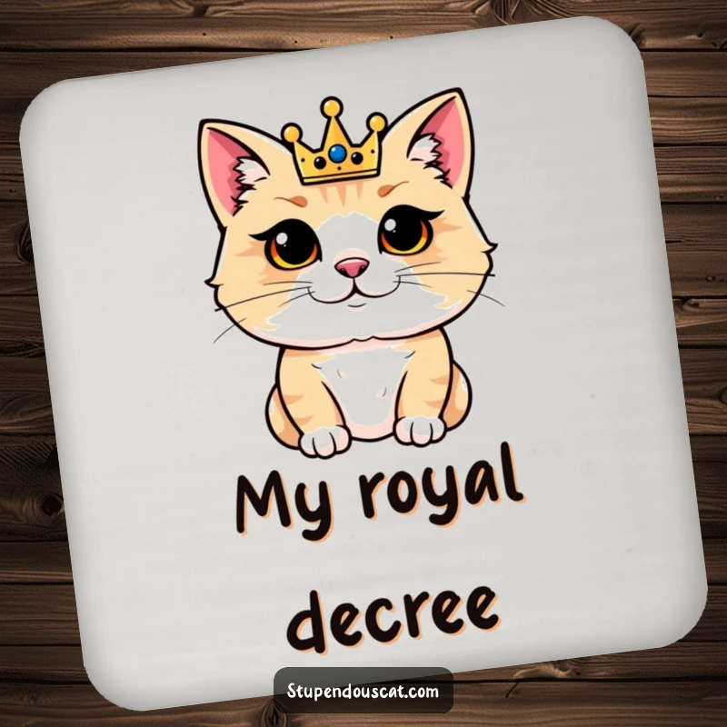 Funny drink coaster with a regal cat wearing a tiny crown and looking very pleased. Protects surfaces with feline luxury.