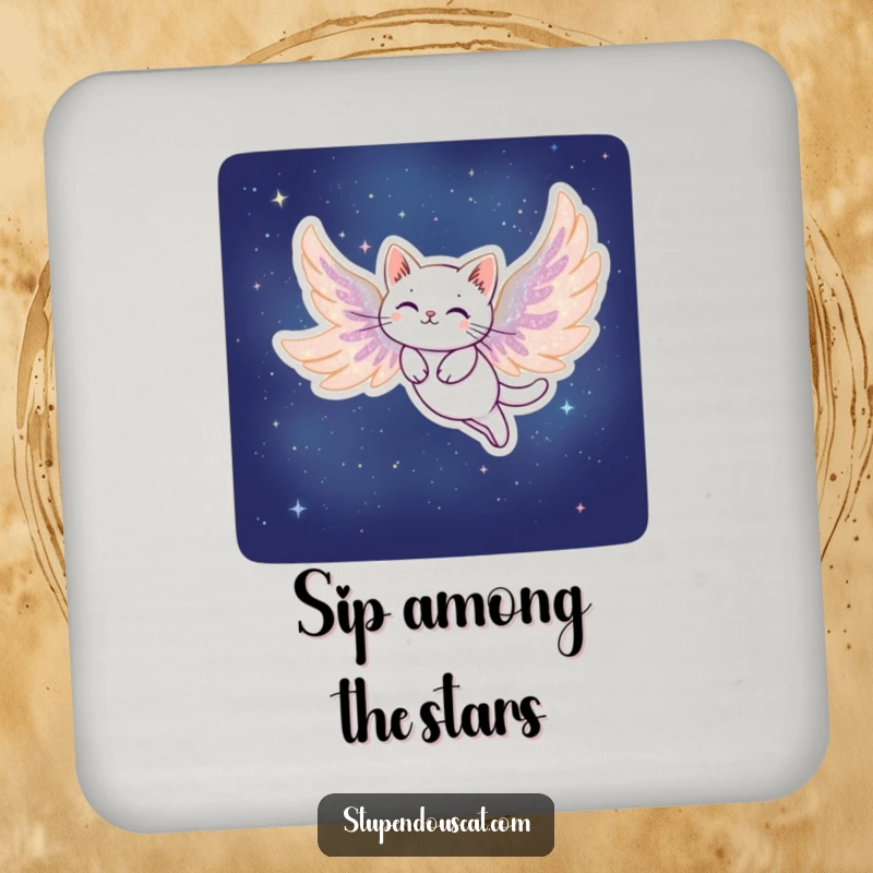 Funny Stardust Cat Drink Coaster: A coaster featuring a cat with wings made of stardust, soaring gracefully through the night.