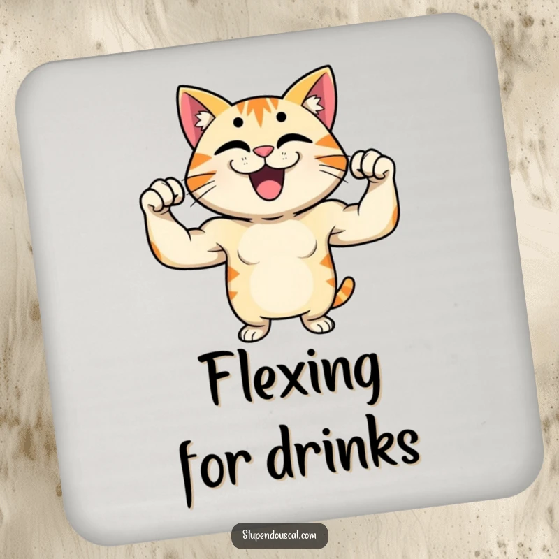 Funny drink coaster featuring a proud cat character flexing its muscles with a grin, adding humor and protection.