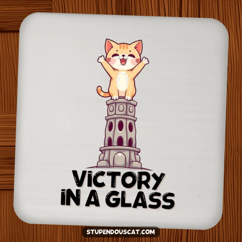 Funny Triumphant Cat Drink Coaster: A coaster featuring a victorious cat standing atop a tall, impossible structure.