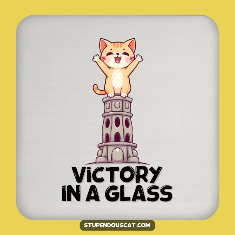 Funny Triumphant Cat Drink Coaster: Bar Gift for Achievers Who Reach New Heights