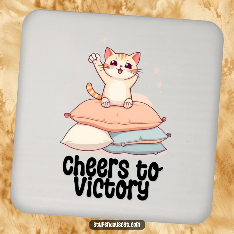 Funny drink coaster with a triumphant cat striking a heroic pose on pillows, adding humor to your drink setup.
