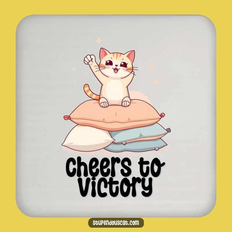 Funny Triumphant Cat Pillow Coaster - Protect Surfaces with Hilarious Feline Art