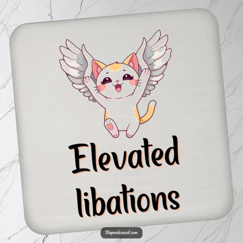 Funny Drink Coaster featuring a triumphant cat with spread wings soaring, offering stylish protection for surfaces.