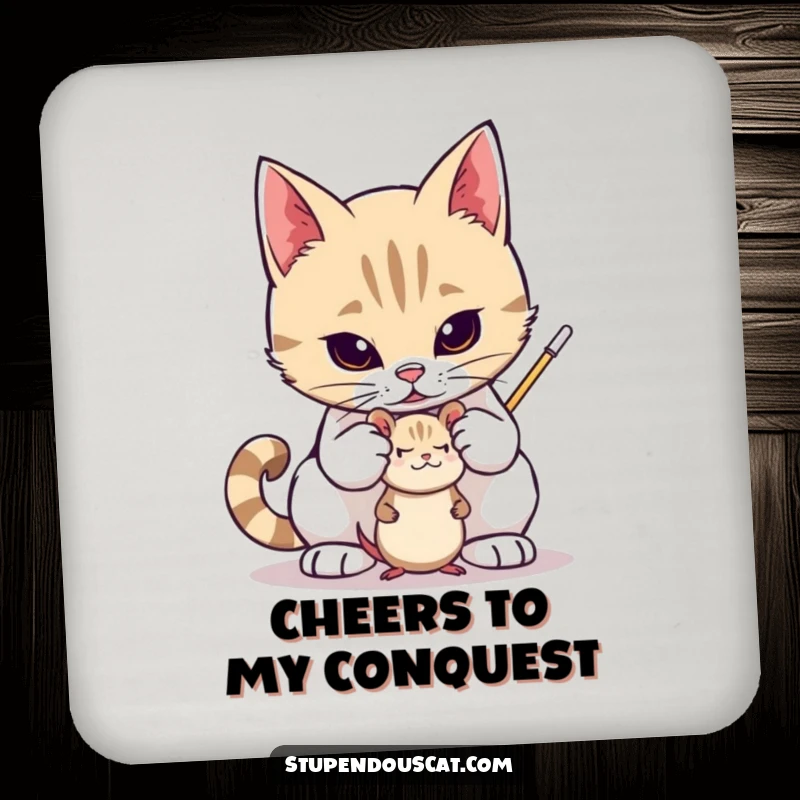 Funny drink coaster with a valiant cat protectively guarding a small toy mouse, protecting surfaces with feline valor, a delightful gift.