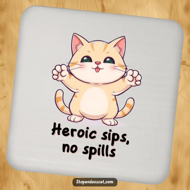 Funny drink coaster featuring a heroic cat in a brave pose with front paws outstretched, offering humor.