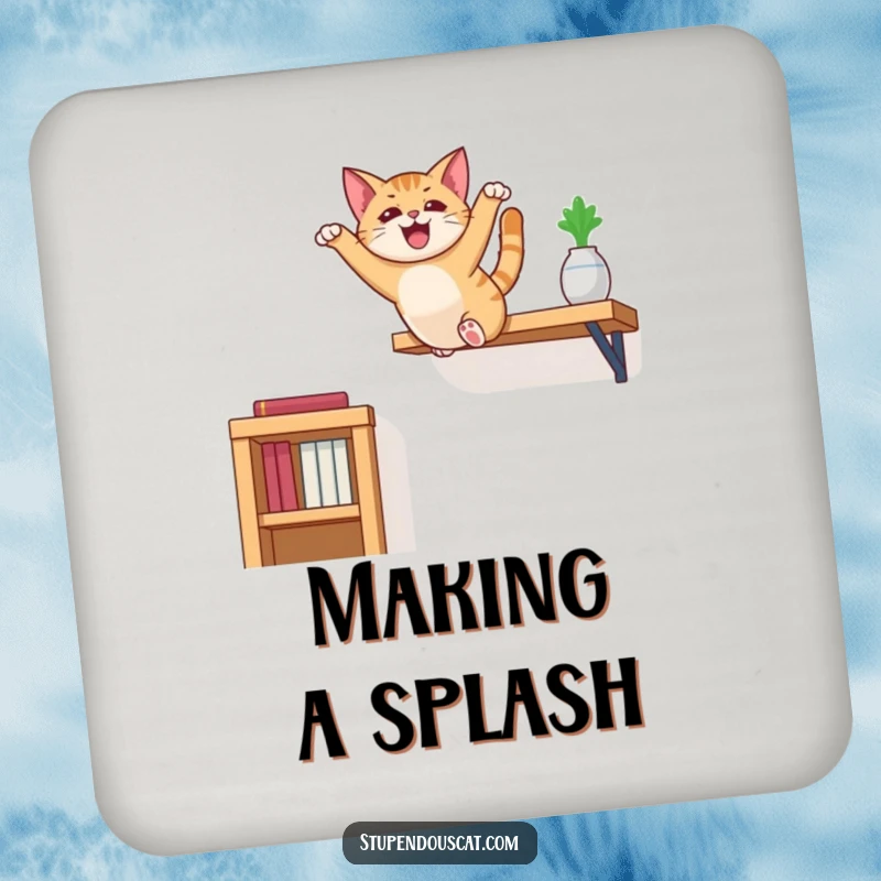 Funny cat coasters depicting a cat performing a graceful, daring leap, adding a humorous touch to drink service.