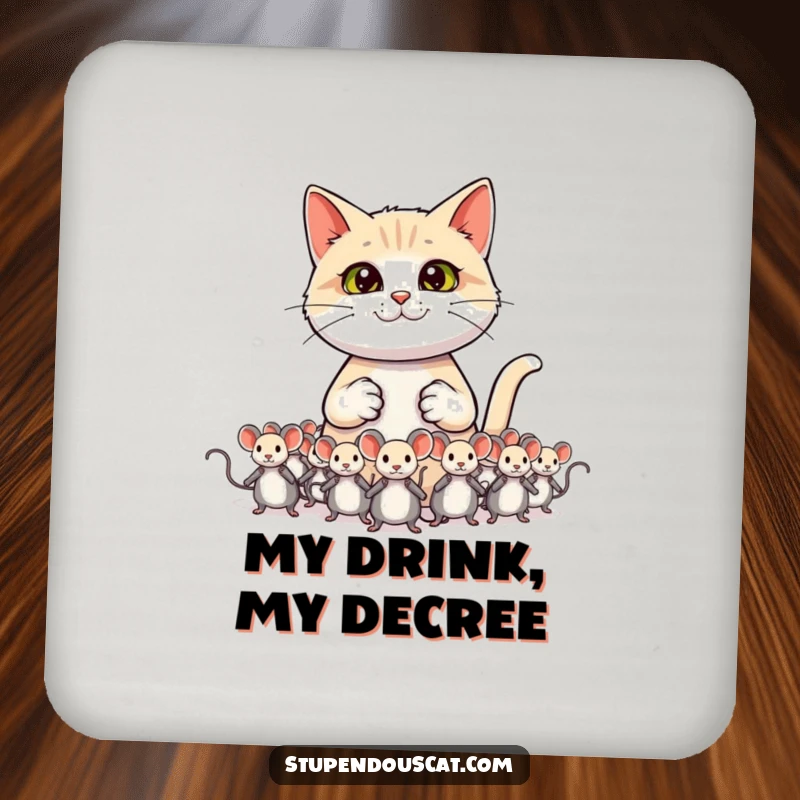 Funny cat coasters featuring a confident cat general commanding an army of toy mice.