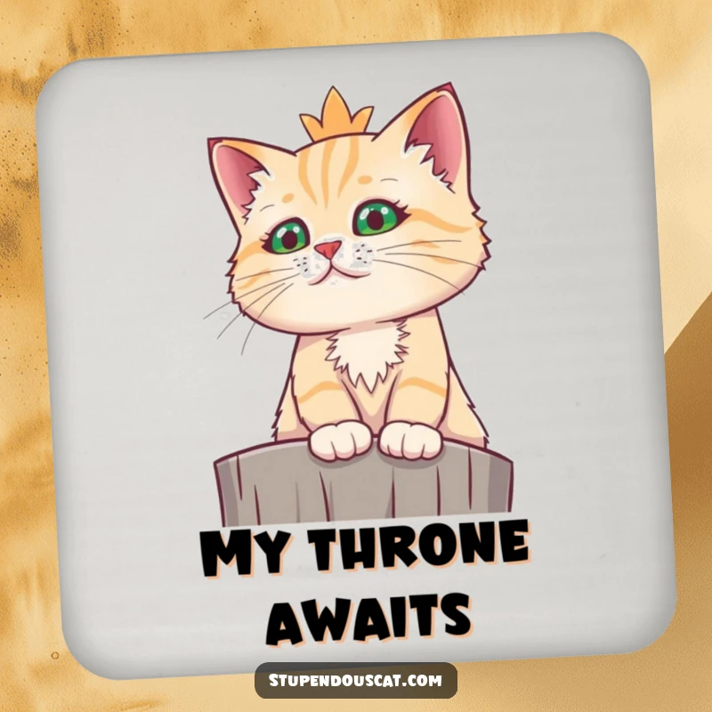 Funny regal cat coasters depicting a cat looking down from a high perch with a funny, majestic and regal bearing.