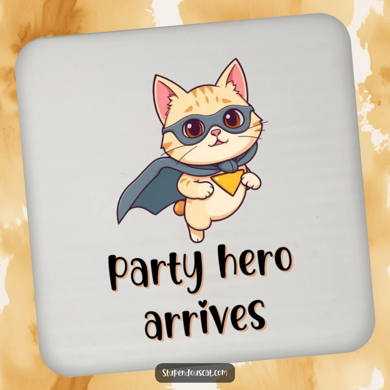 Funny coaster with a cat wearing a superhero cape and flying with determination, offering humorous heroic protection, a practical and cute gift.