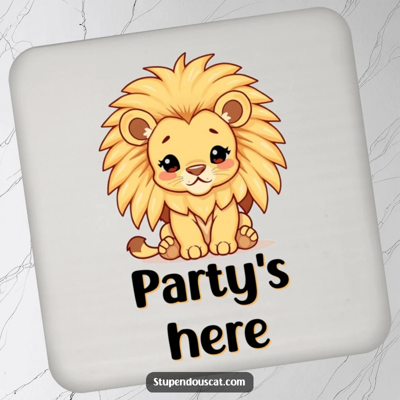 Funny lion cub drink coaster, a majestic cub with a comically large, shimmering mane, protecting surfaces with regal charm.