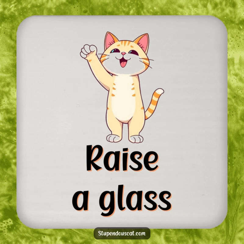 Funny Cat Coaster depicting an admirable cat standing tall with an outstretched paw of triumph, celebrating victory and protection.