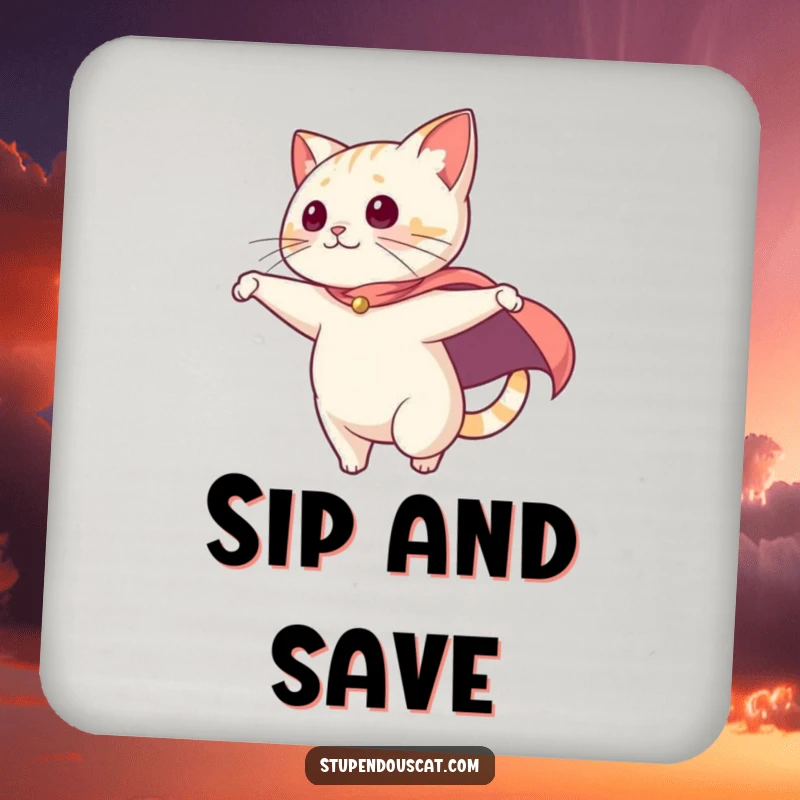 Funny Coasters: A cat with a dramatic cape swooping, adding heroic humor and surface protection to coffee tables.