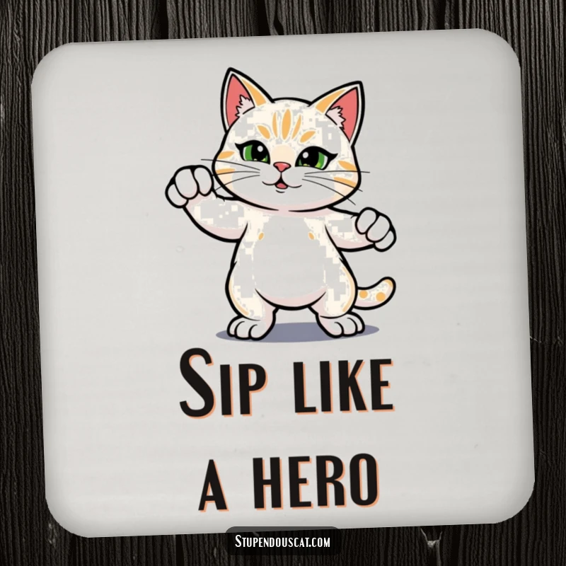 Funny drink coaster with a heroic cat striking a confident pose, protecting surfaces with a humorous and brave feline touch.