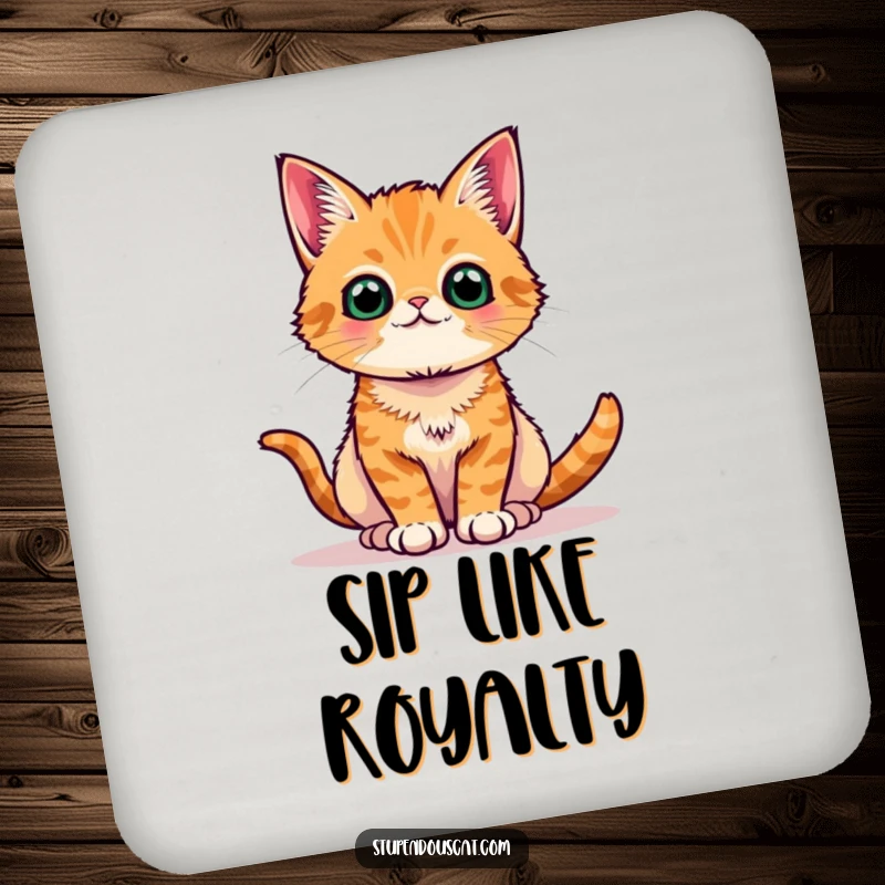 Funny orange tabby cat drink coaster, posing regally and proudly, a protective pad adding feline elegance.
