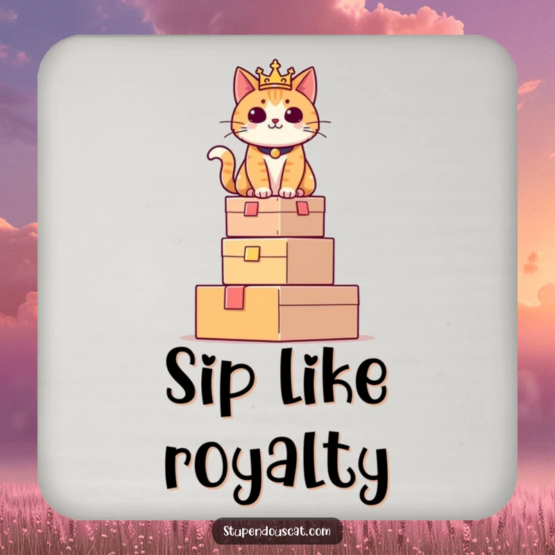 Funny drink coaster with a regal cat sitting proudly atop a tower of boxes, adding humor and authority to your drink station.