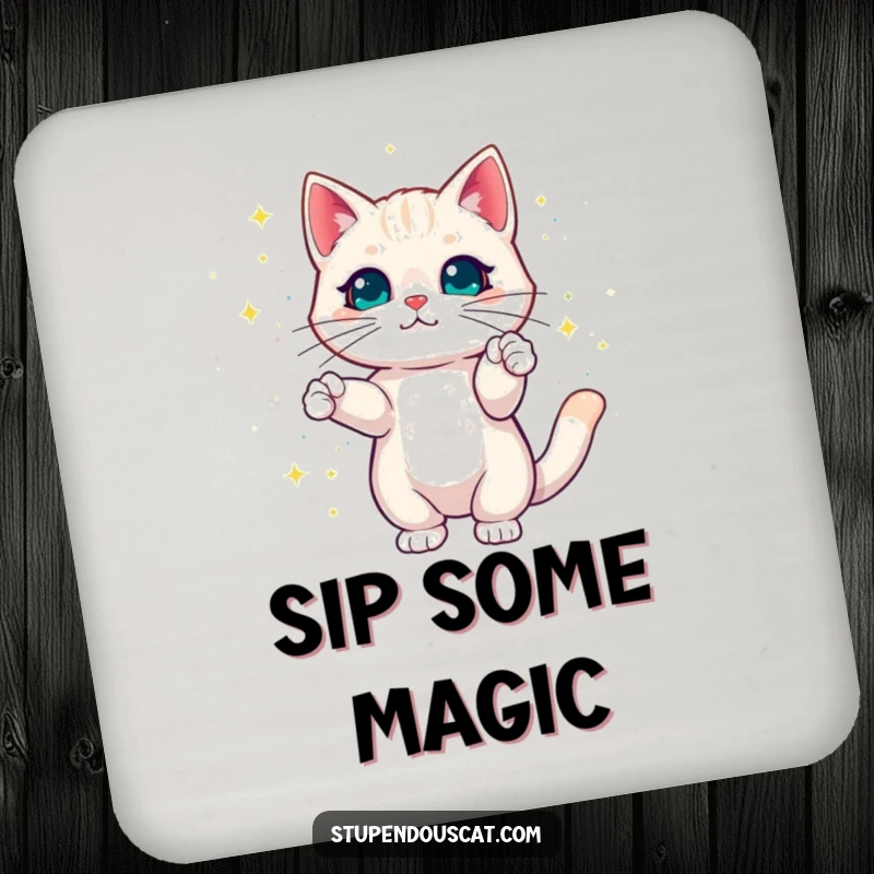 Funny Cat Coaster depicting a cat creating dazzling colorful magic sparkles, adding enchantment and surface protection.