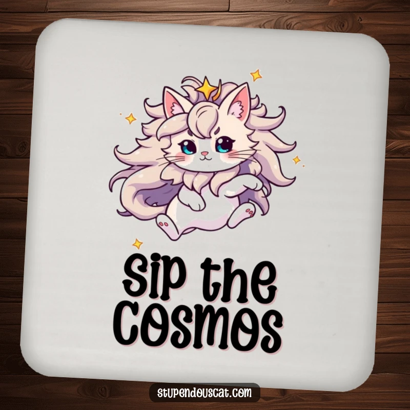 Funny Drink Coaster with a majestic cat and flowing starry mane leaping, protecting surfaces with celestial beauty and humor.