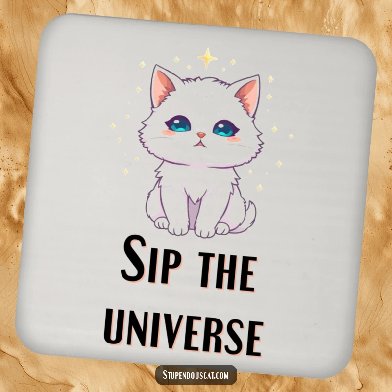 Funny white cat drink coaster, majestic with a halo of shimmering stardust, a protective pad with celestial grace.