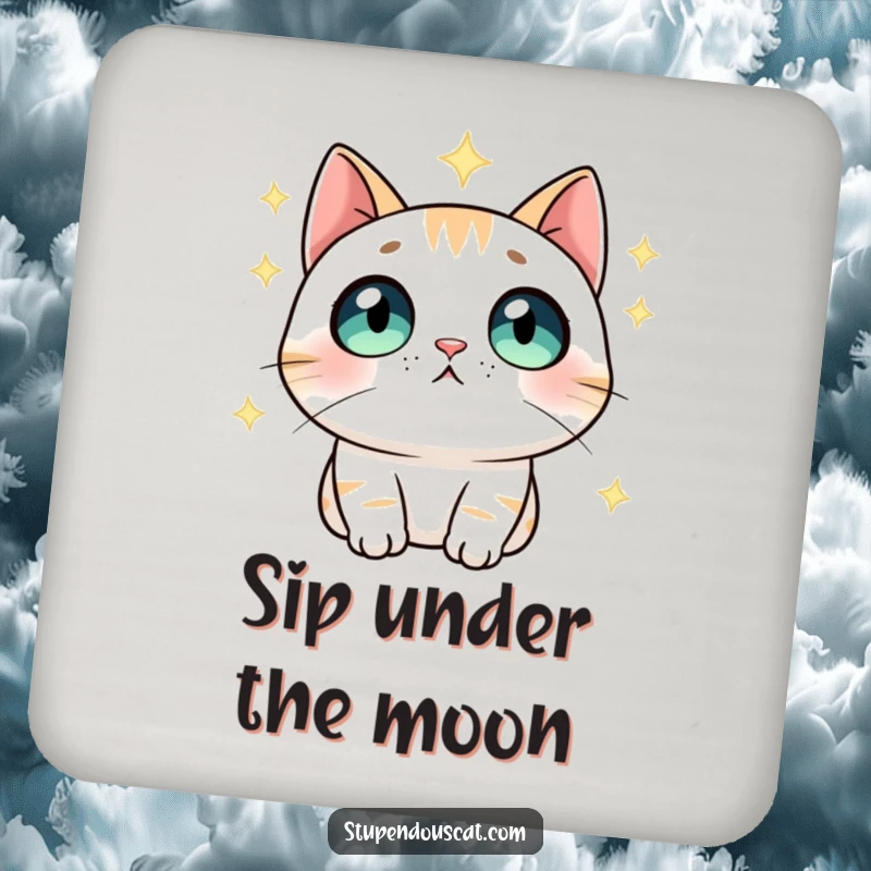 Funny Coasters: A cat with amazed eyes gazing at stars, adding celestial humor and surface protection to coffee tables.