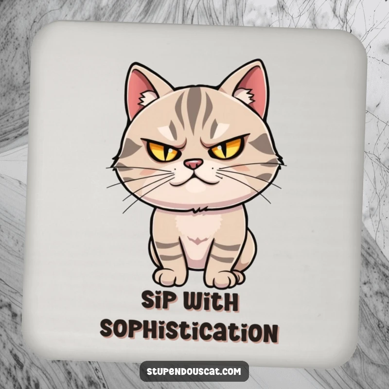 Funny coaster: A smug cat with narrowed, twinkling eyes strikes a dramatic pose, stylishly protecting your surfaces.