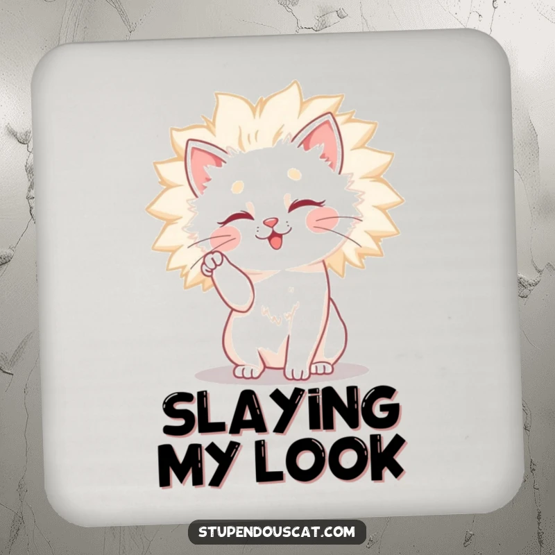 Funny cat coaster depicting a cat comically attempting to tame its large, fluffy, wild mane, ideal for drinks.