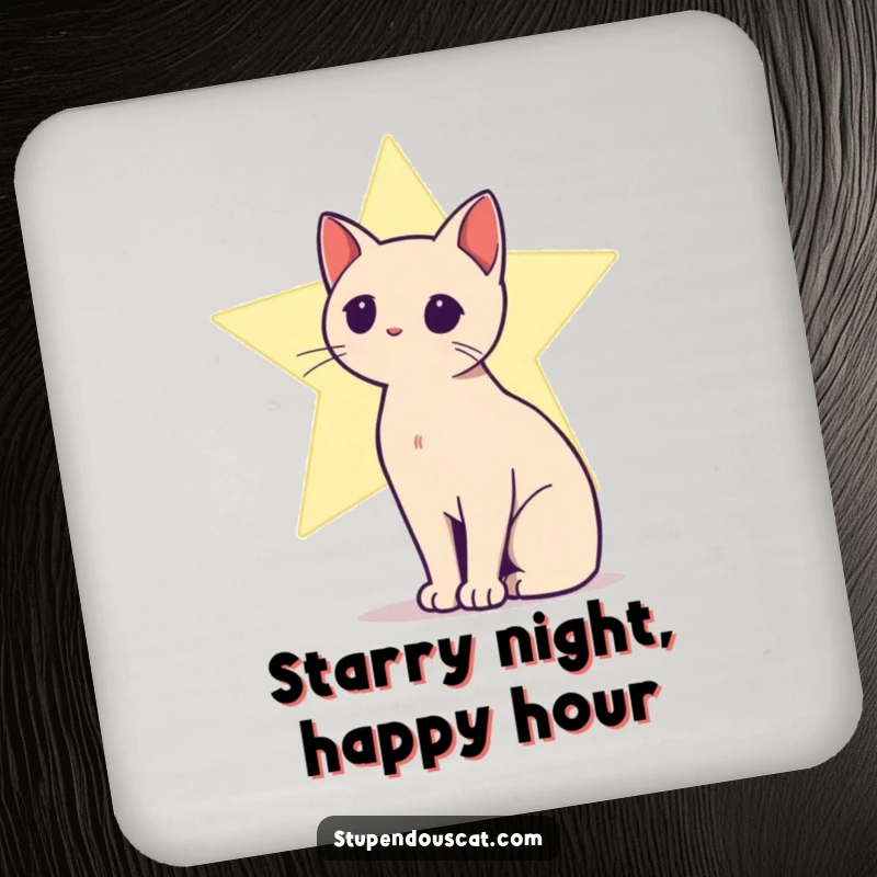 Funny drink coaster featuring a cat silhouette against a shining star, offering celestial-themed protection.