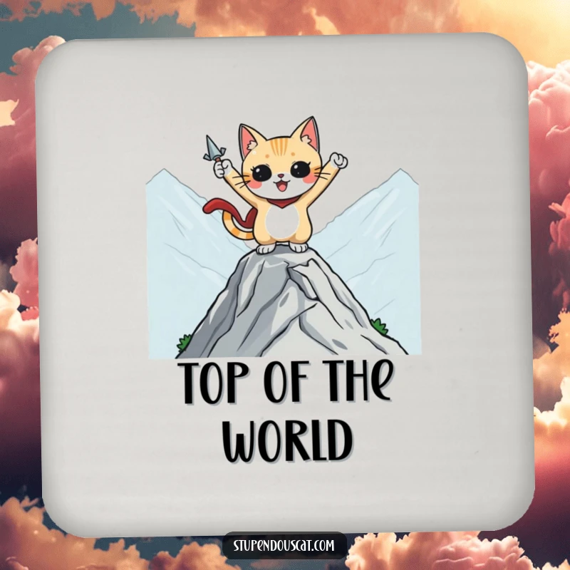 Funny drink coaster featuring a heroic cat character striking a pose on a mountaintop, adding humor and protection.