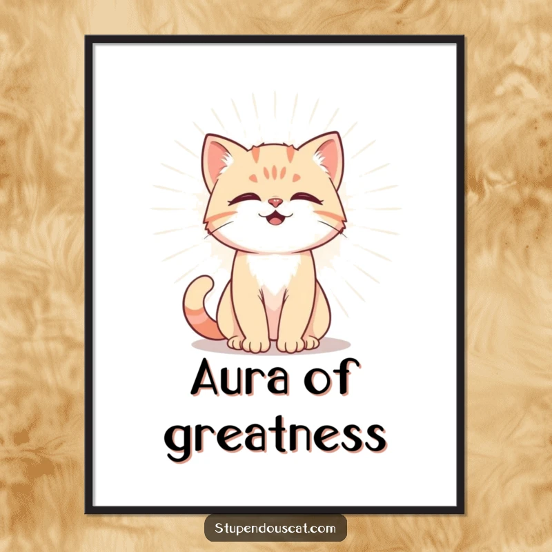 Funny Poster depicting a powerful cat cub emitting a radiant aura, bringing majestic energy and humorous presence to any wall.