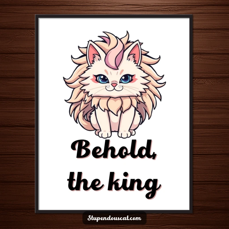 Funny Cat Poster showcasing a powerful cat with an epic flowing mane, exuding majesty and regal authority for decor.